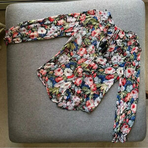 Anthropologie Sheer Long Sleeve Floral Peasant Tassel Blouse Medium